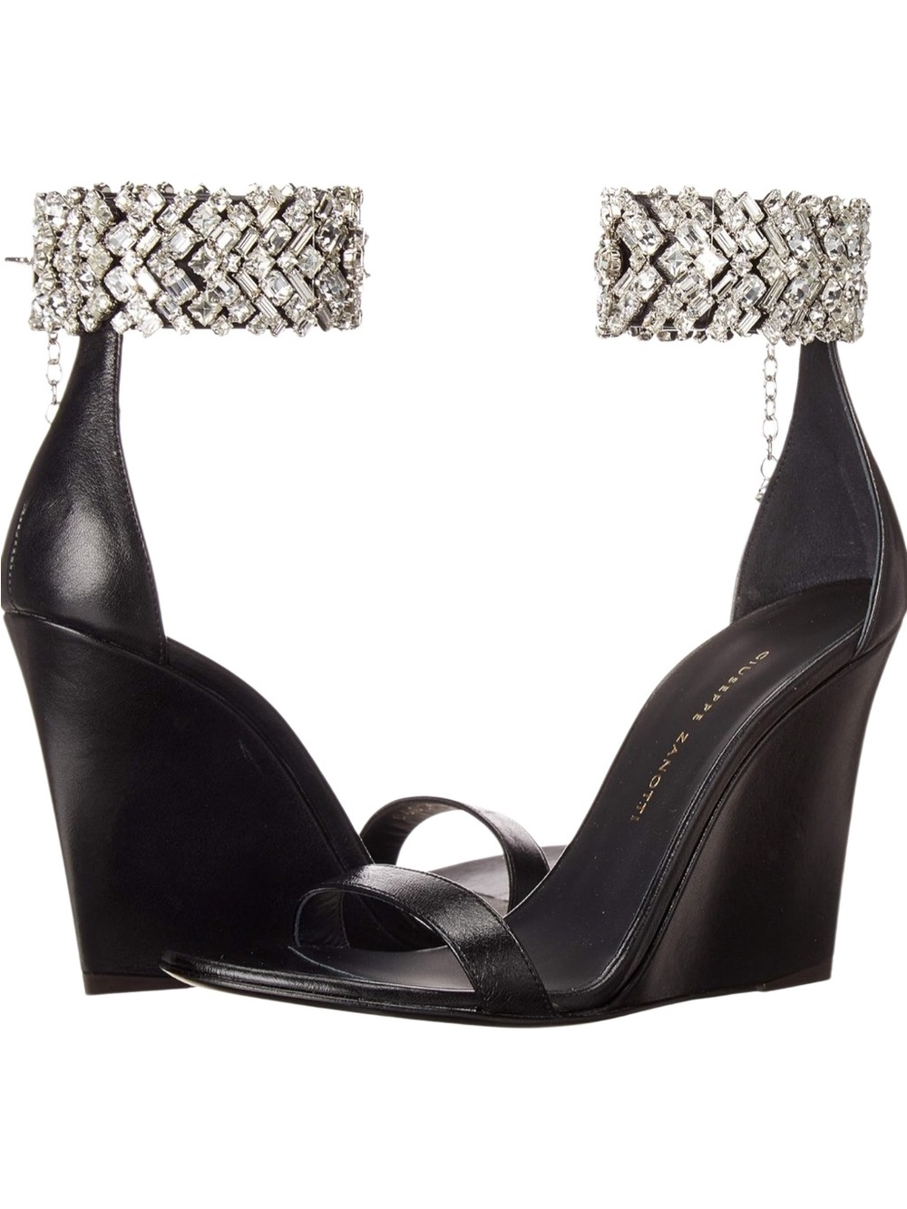 Giuseppe Zanotti Swarovski Crystal Wedge Sandals Black Leather EU 37.5 US 7.5